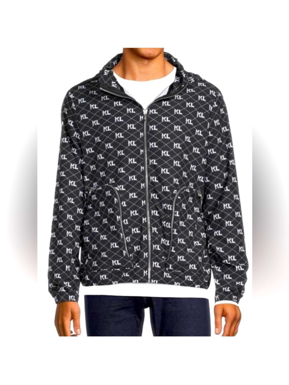 Karl Lagerfeld Black Monogram Hooded Windbreaker Hooded Jacket